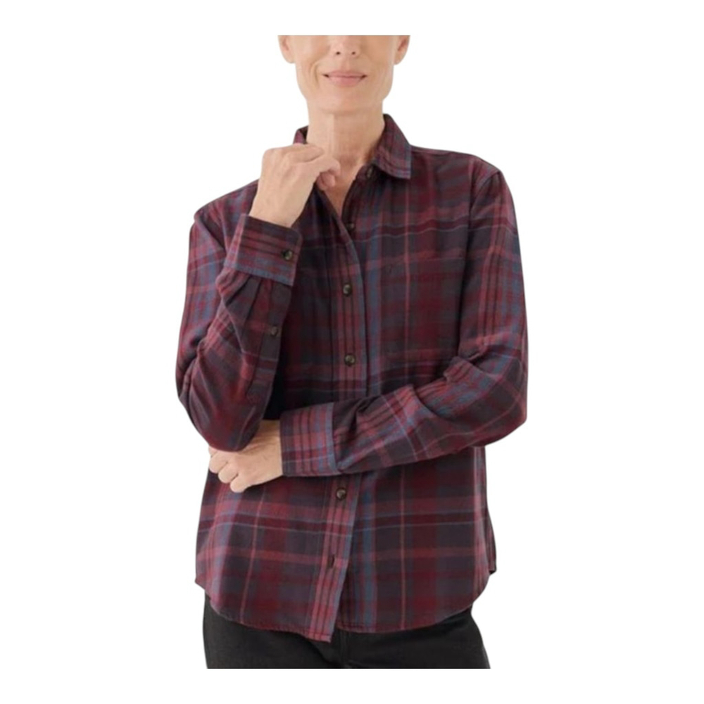 PACT Organic Fireside Flannel Button Up Shirt Eggplant Plaid Size Small